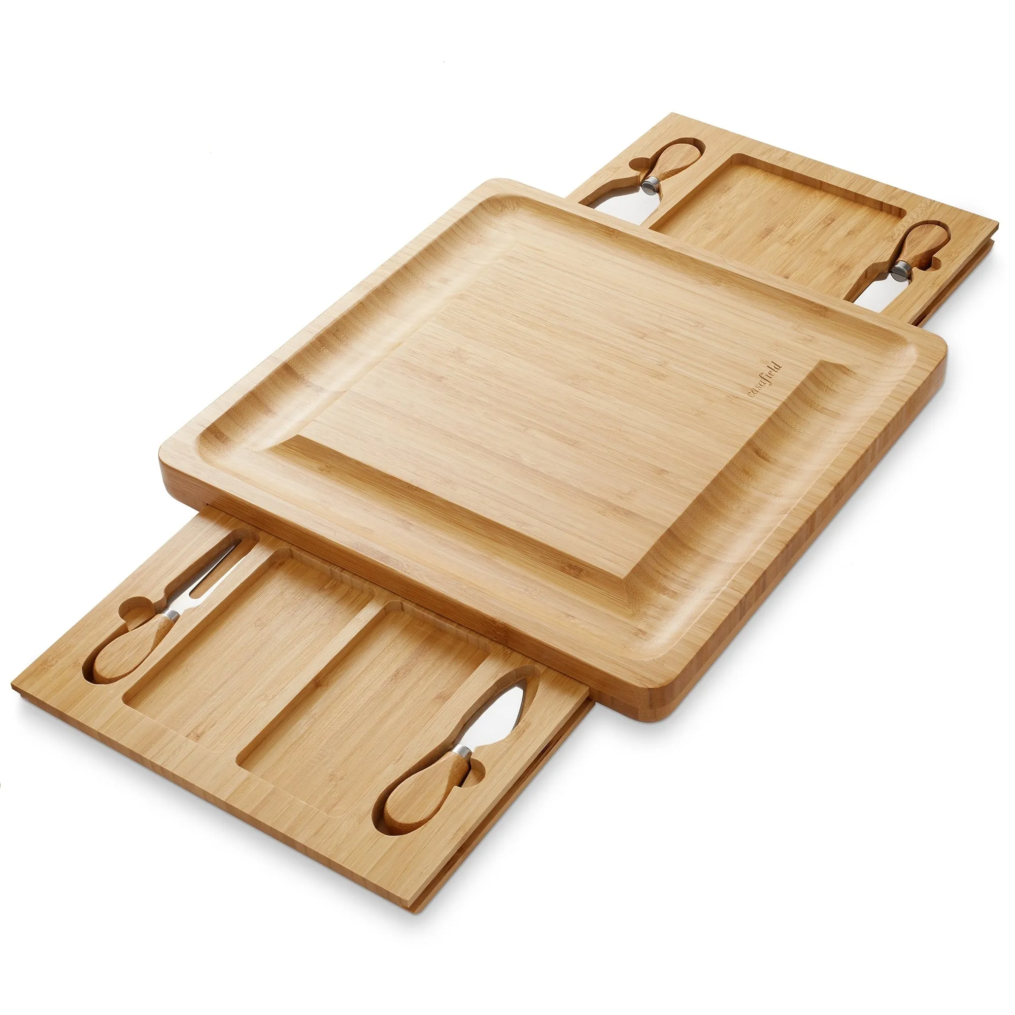 Bamboo Cheese Board Gift Set with 2 Trays and 4 Knives by Casafield - Natural