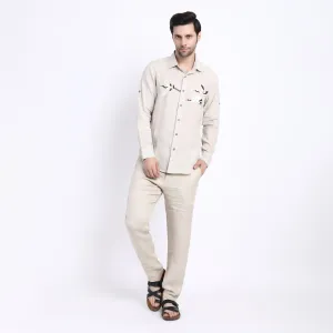 Beige Flying Crane Embroidered Shirt