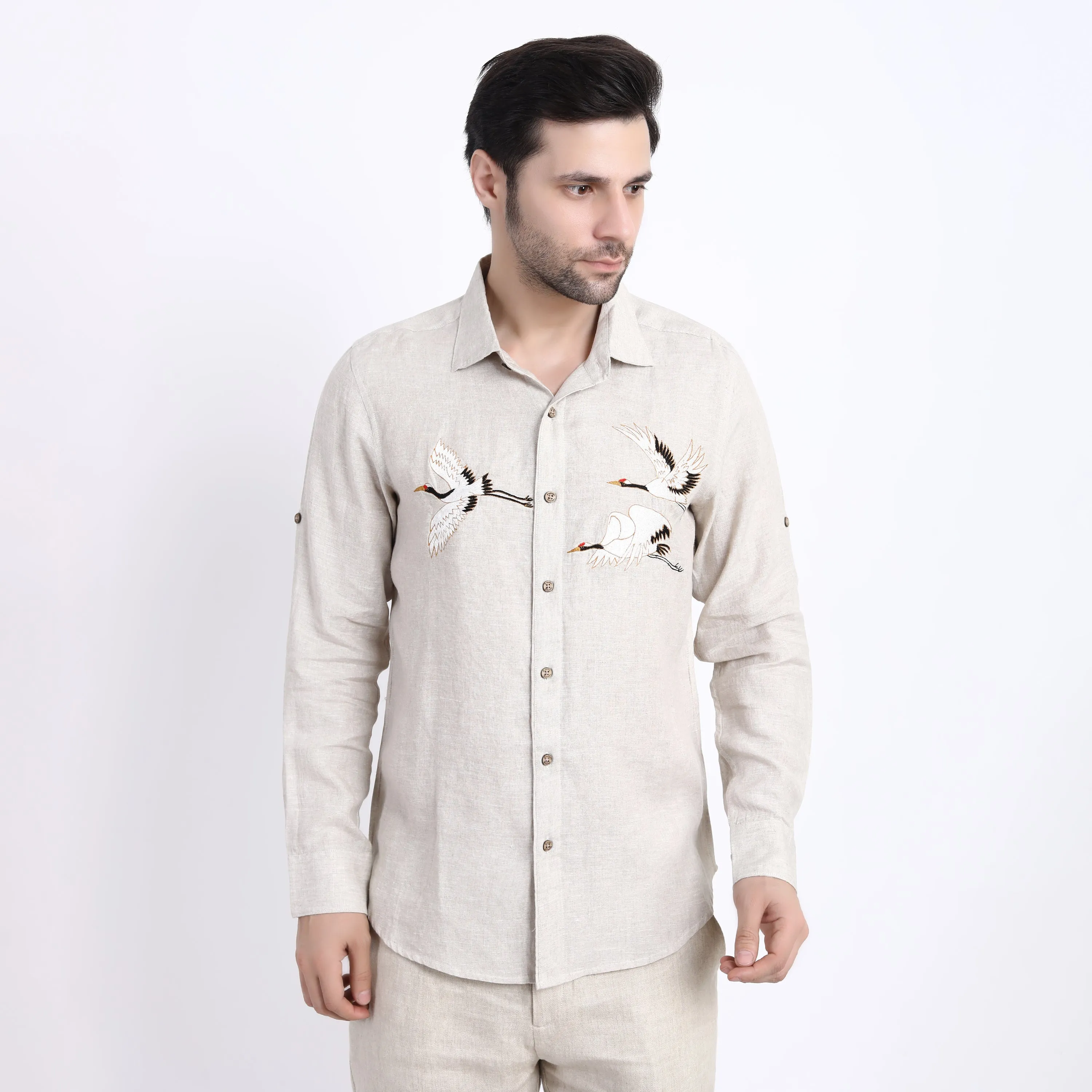 Beige Flying Crane Embroidered Shirt
