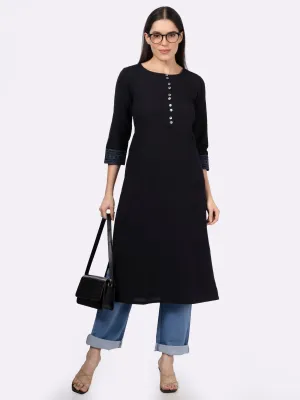 Black Solid Cotton Kurta with Pockets & Sleeve Embroidery