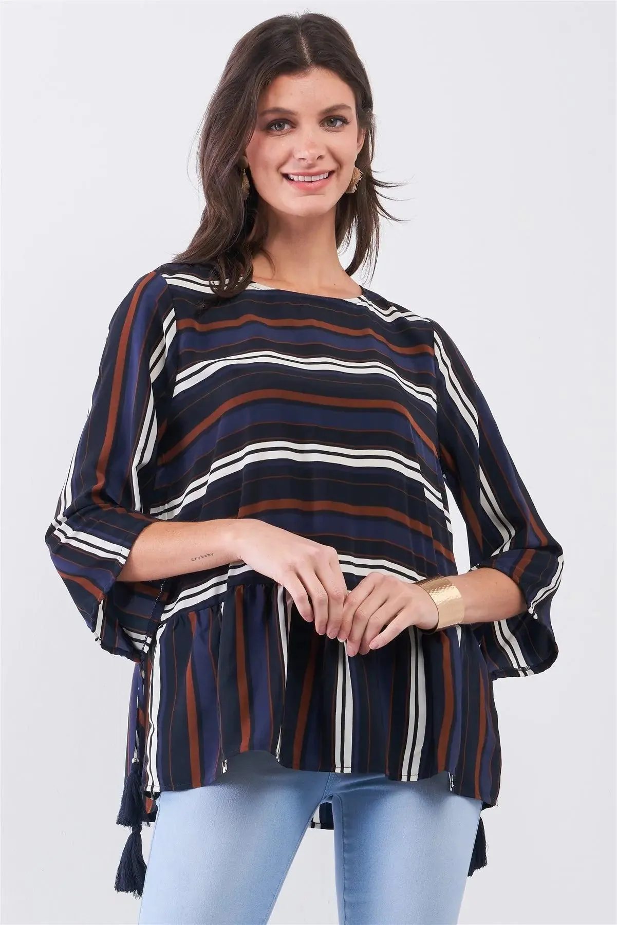 Blue Multicolor Striped Round Neck Button-Down Back Detail Self-Tie Tassel Tip Midi Sleeve Flounce Hem Top