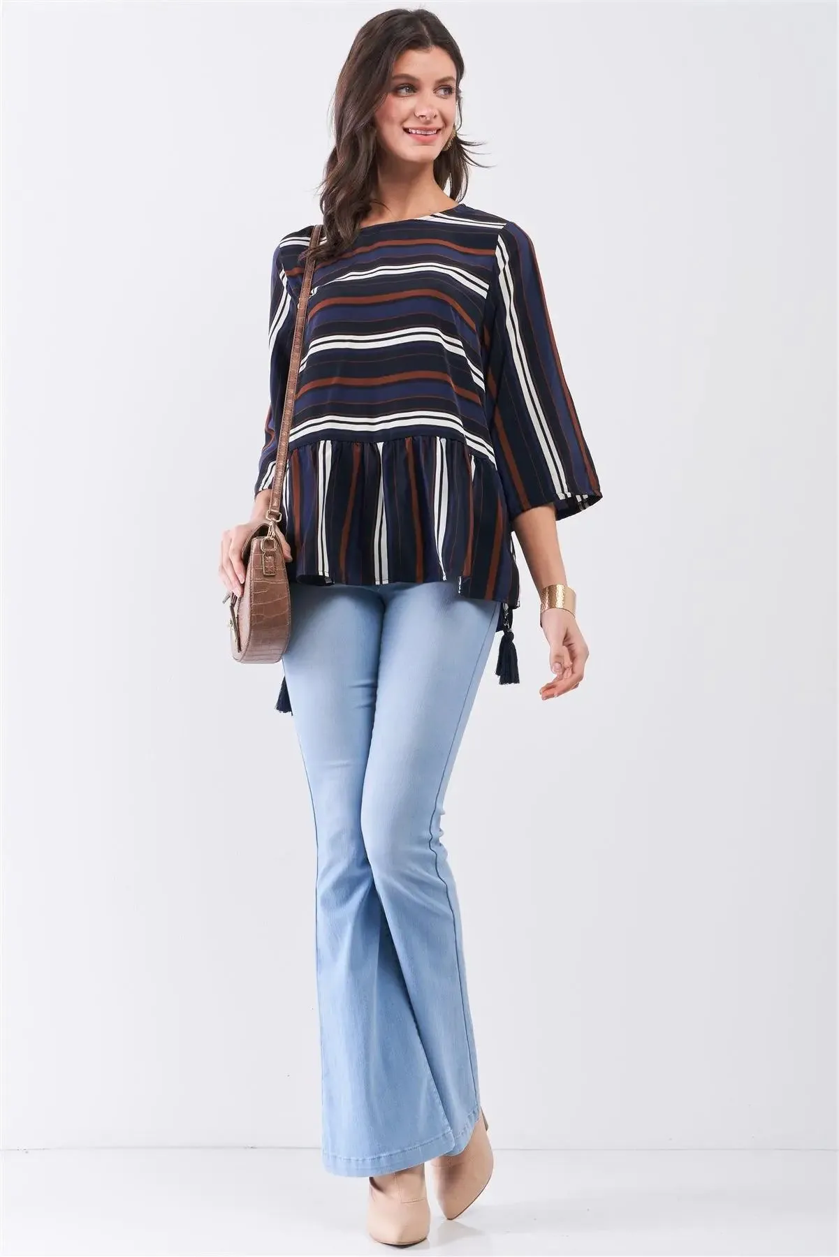 Blue Multicolor Striped Round Neck Button-Down Back Detail Self-Tie Tassel Tip Midi Sleeve Flounce Hem Top