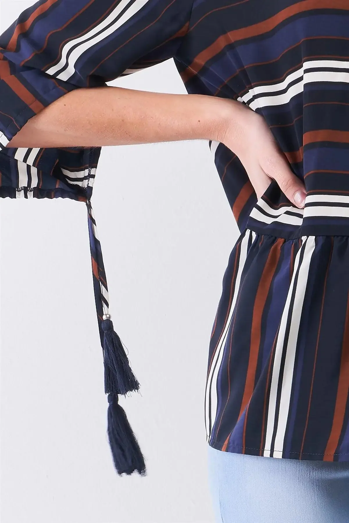 Blue Multicolor Striped Round Neck Button-Down Back Detail Self-Tie Tassel Tip Midi Sleeve Flounce Hem Top