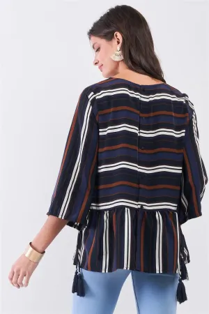Blue Multicolor Striped Round Neck Button-Down Back Detail Self-Tie Tassel Tip Midi Sleeve Flounce Hem Top