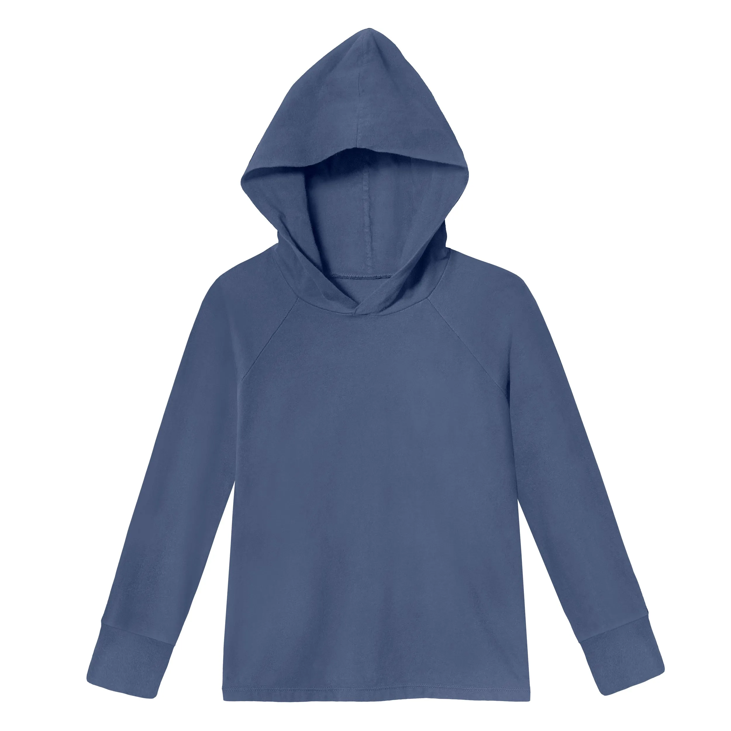 Boys Soft 100% Cotton Medium-Weight Long Sleeve Hooded Tee With Cuffs | Denim Blue