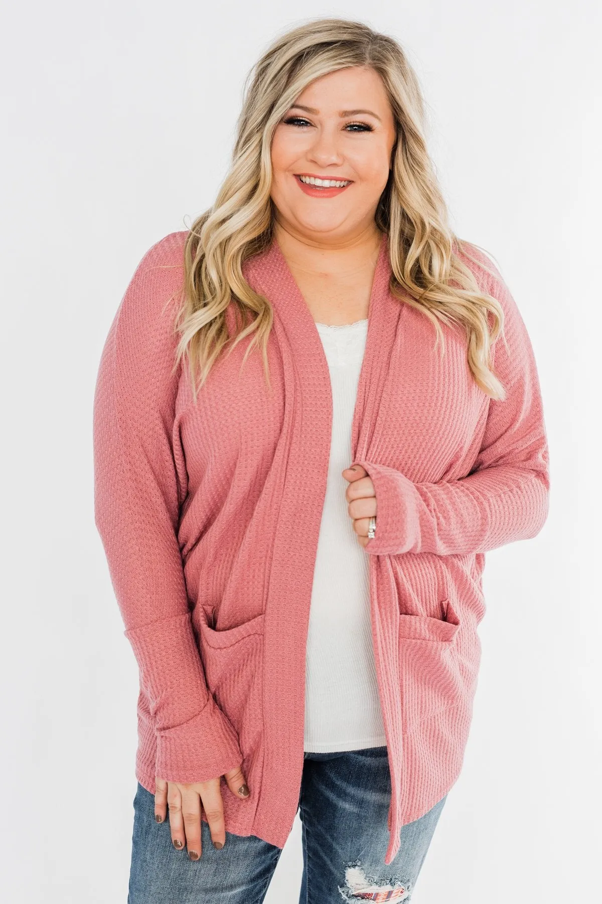 Break Free Waffle Knit Cardigan- Dusty Rose