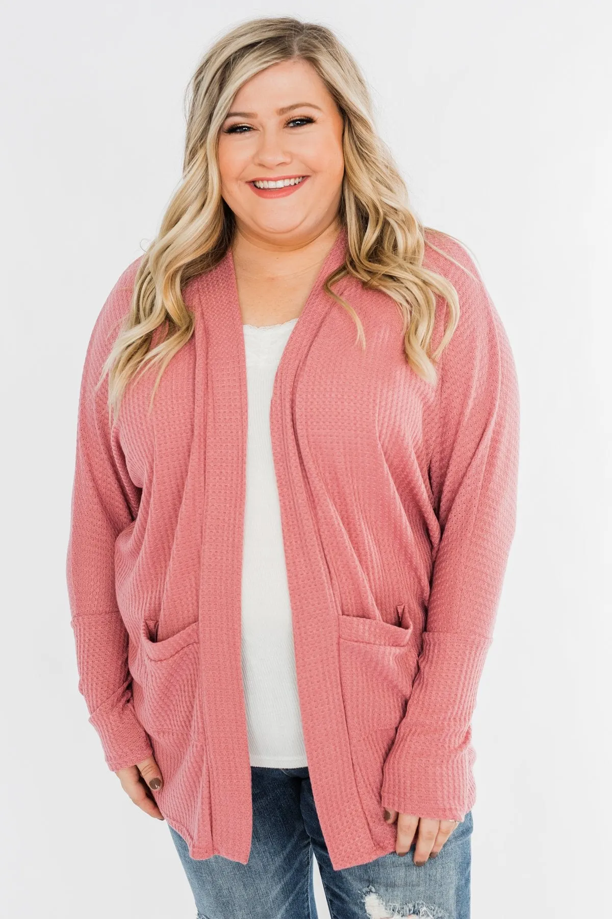 Break Free Waffle Knit Cardigan- Dusty Rose