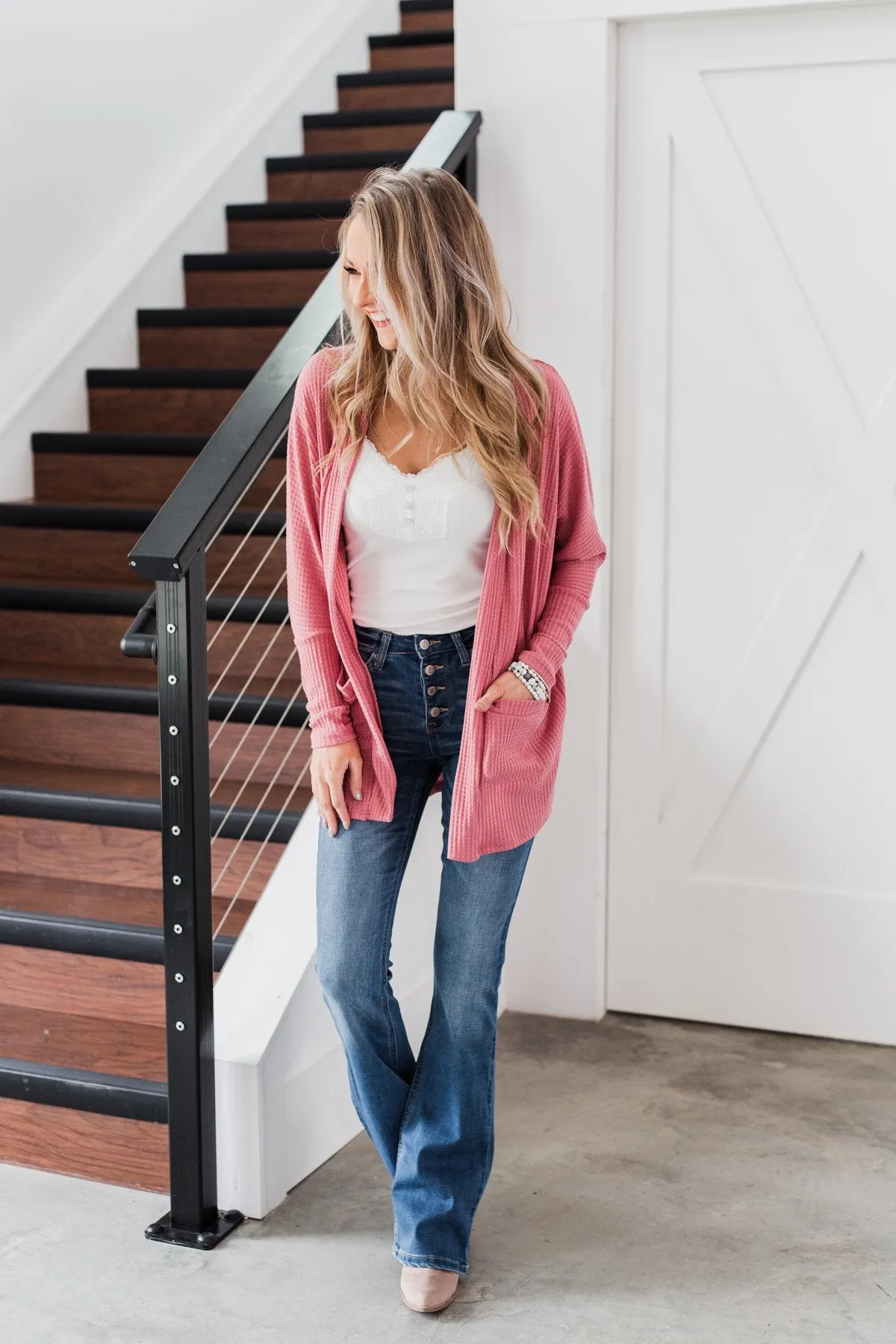 Break Free Waffle Knit Cardigan- Dusty Rose
