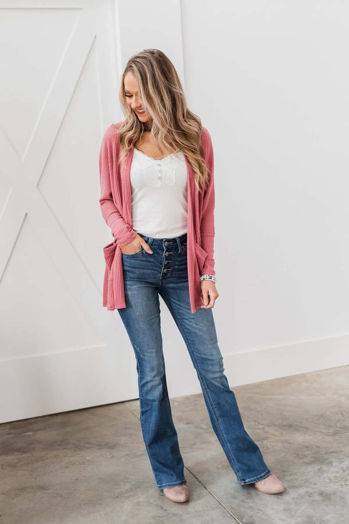 Break Free Waffle Knit Cardigan- Dusty Rose