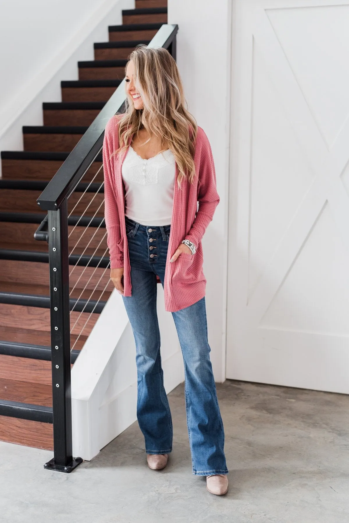 Break Free Waffle Knit Cardigan- Dusty Rose