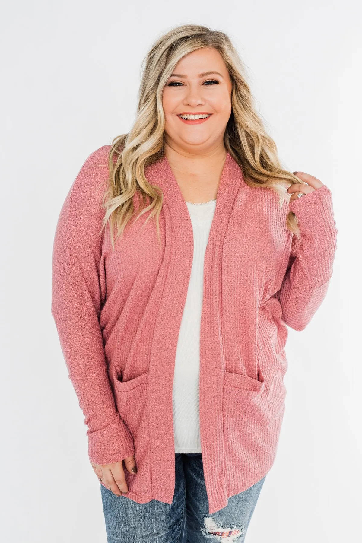 Break Free Waffle Knit Cardigan- Dusty Rose