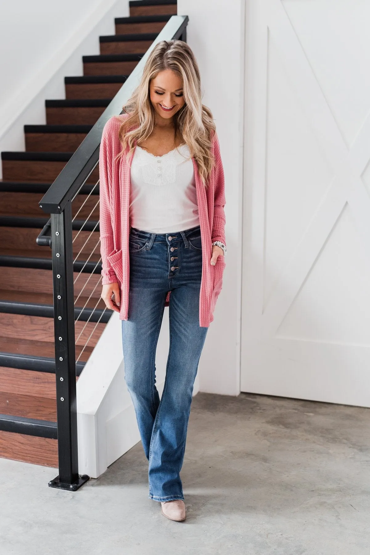 Break Free Waffle Knit Cardigan- Dusty Rose