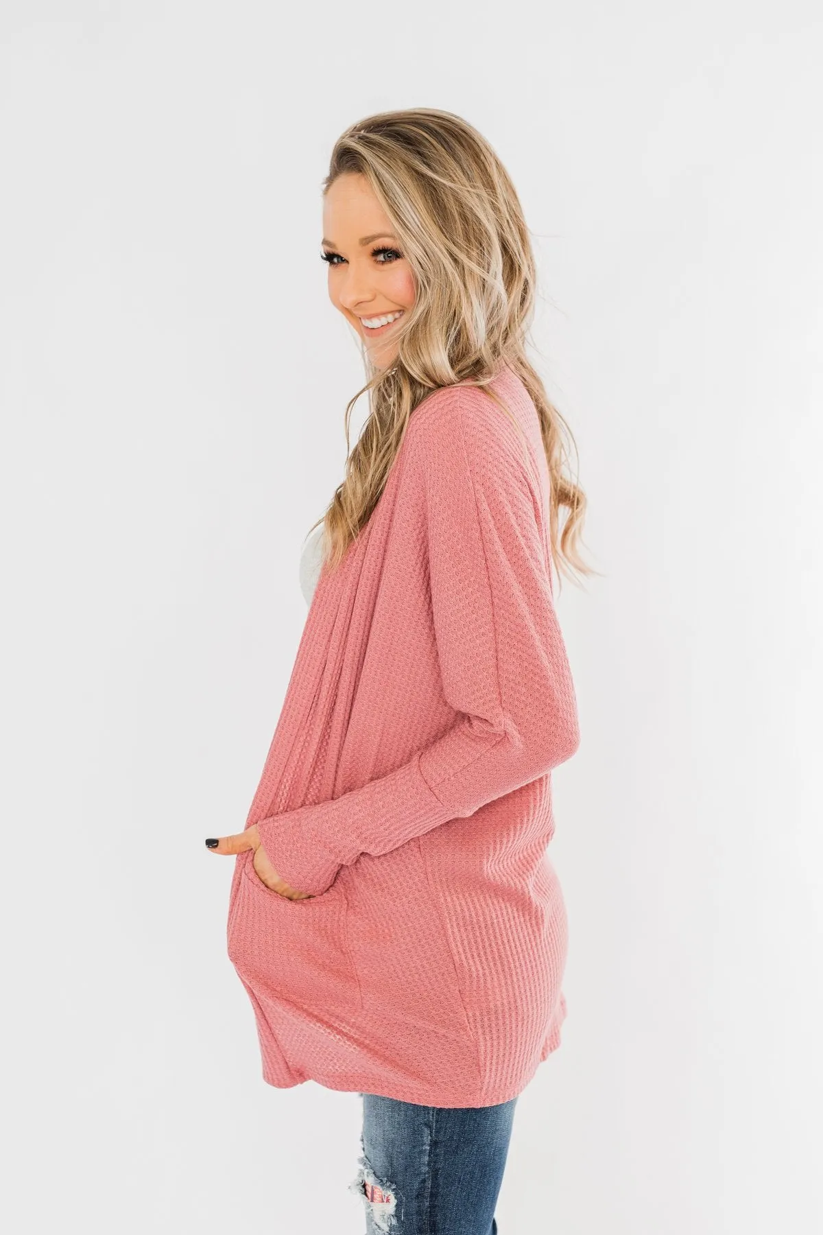 Break Free Waffle Knit Cardigan- Dusty Rose