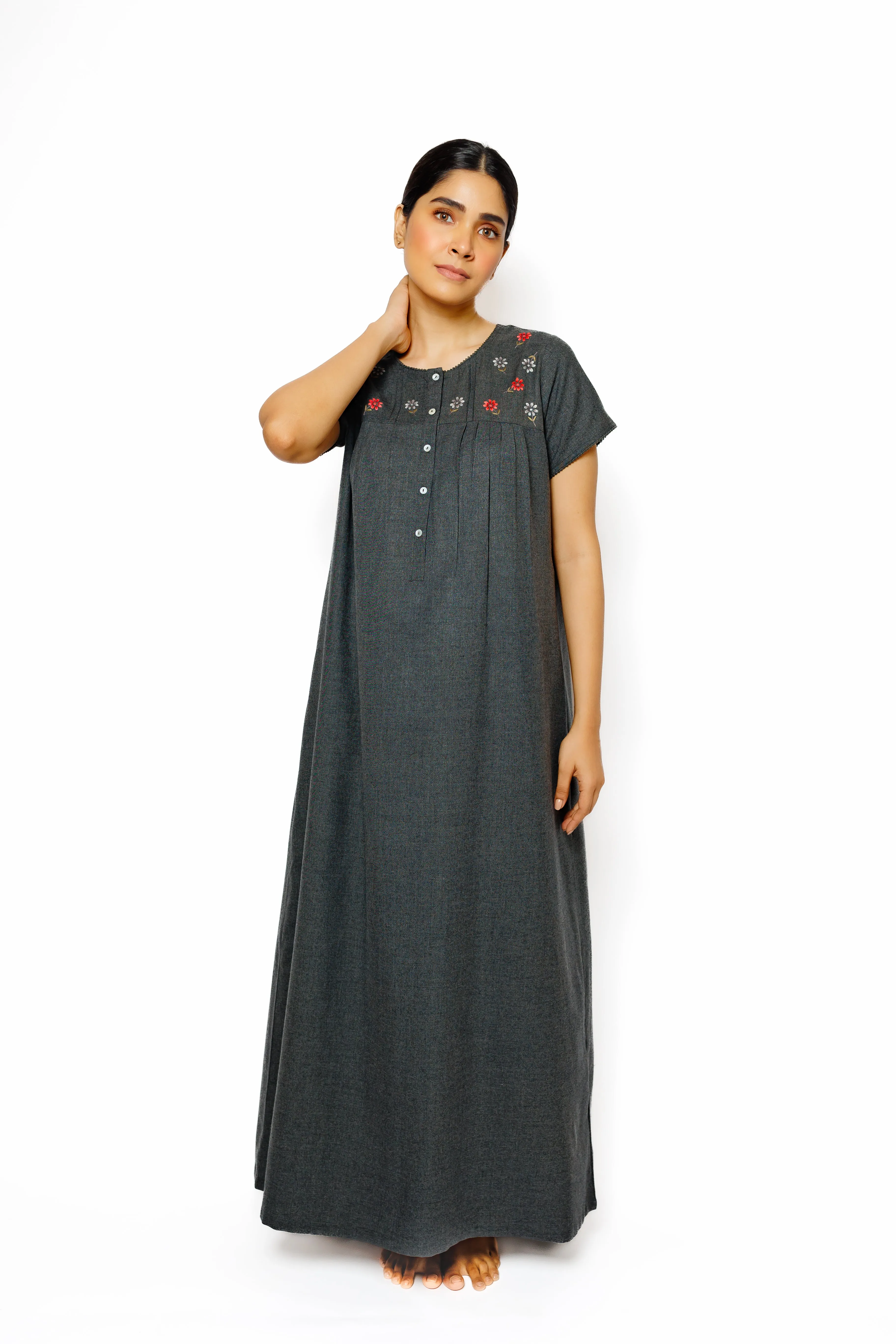 Charcoal Bloom – Embroidered Cotton Spun Nighty
