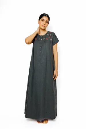 Charcoal Bloom – Embroidered Cotton Spun Nighty