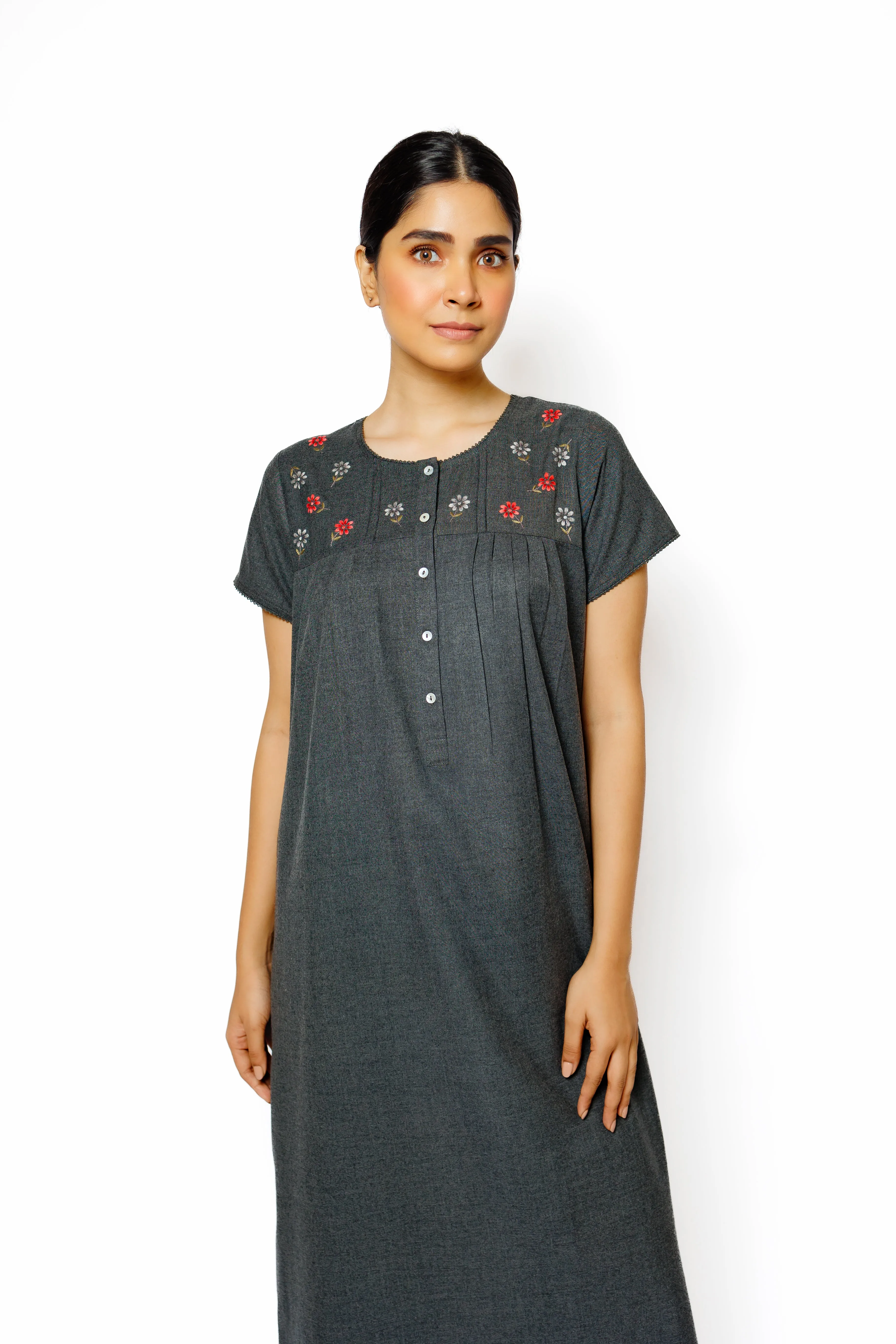 Charcoal Bloom – Embroidered Cotton Spun Nighty