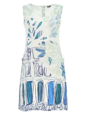 City Garden Print Linen Sleeveless Shift Dress