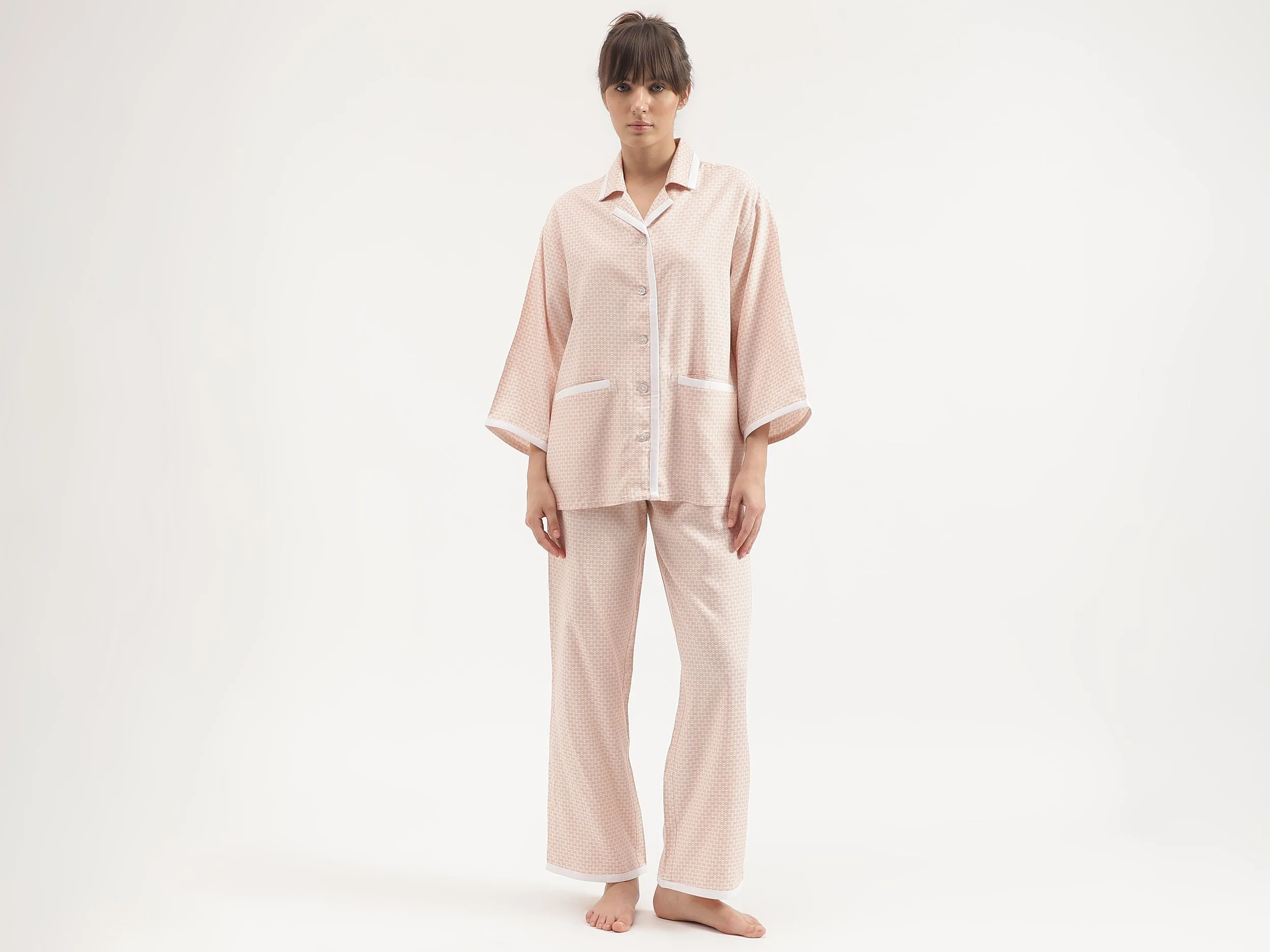 Collared Printed Flared Sleeves Night Suit
