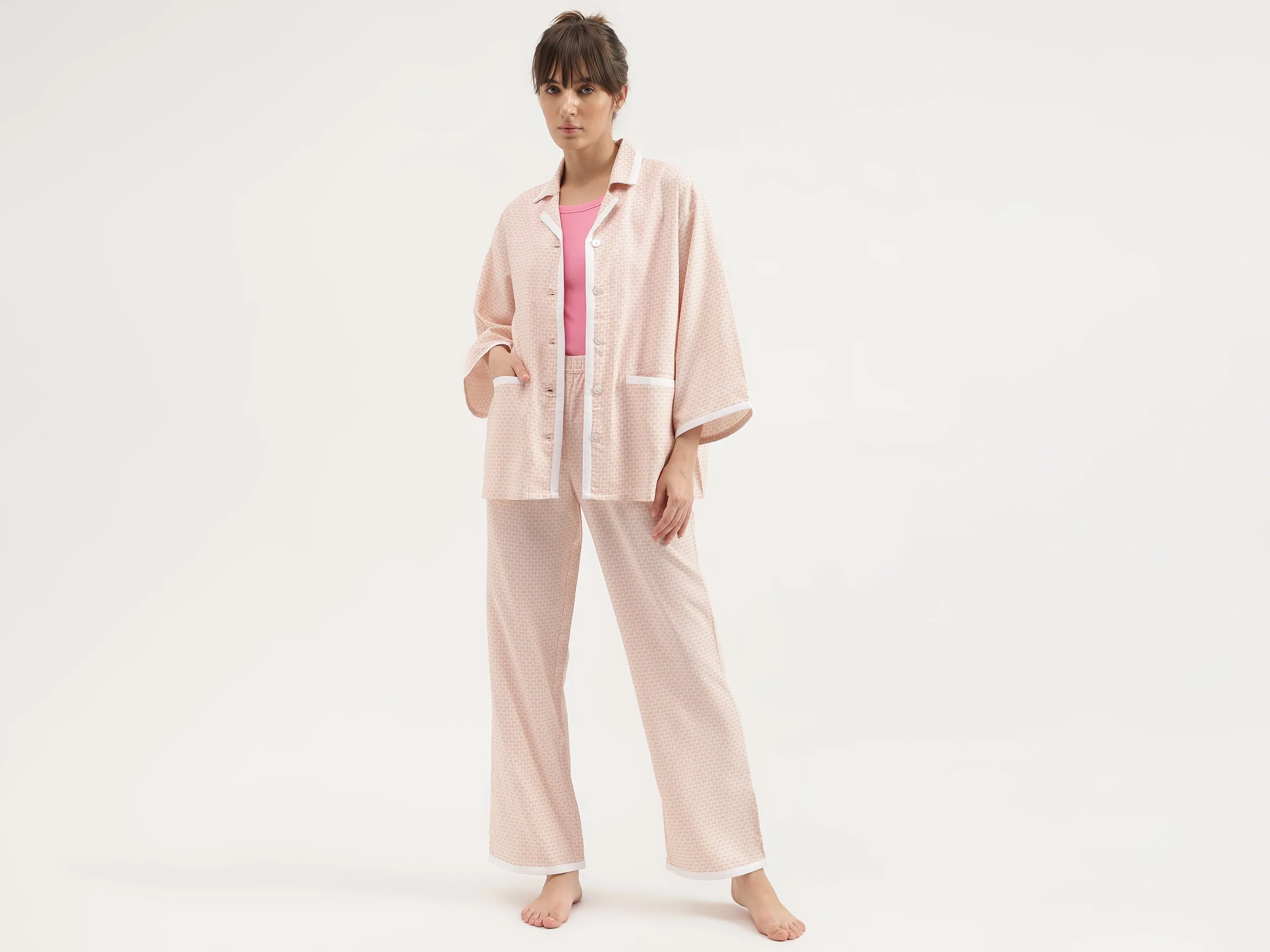 Collared Printed Flared Sleeves Night Suit
