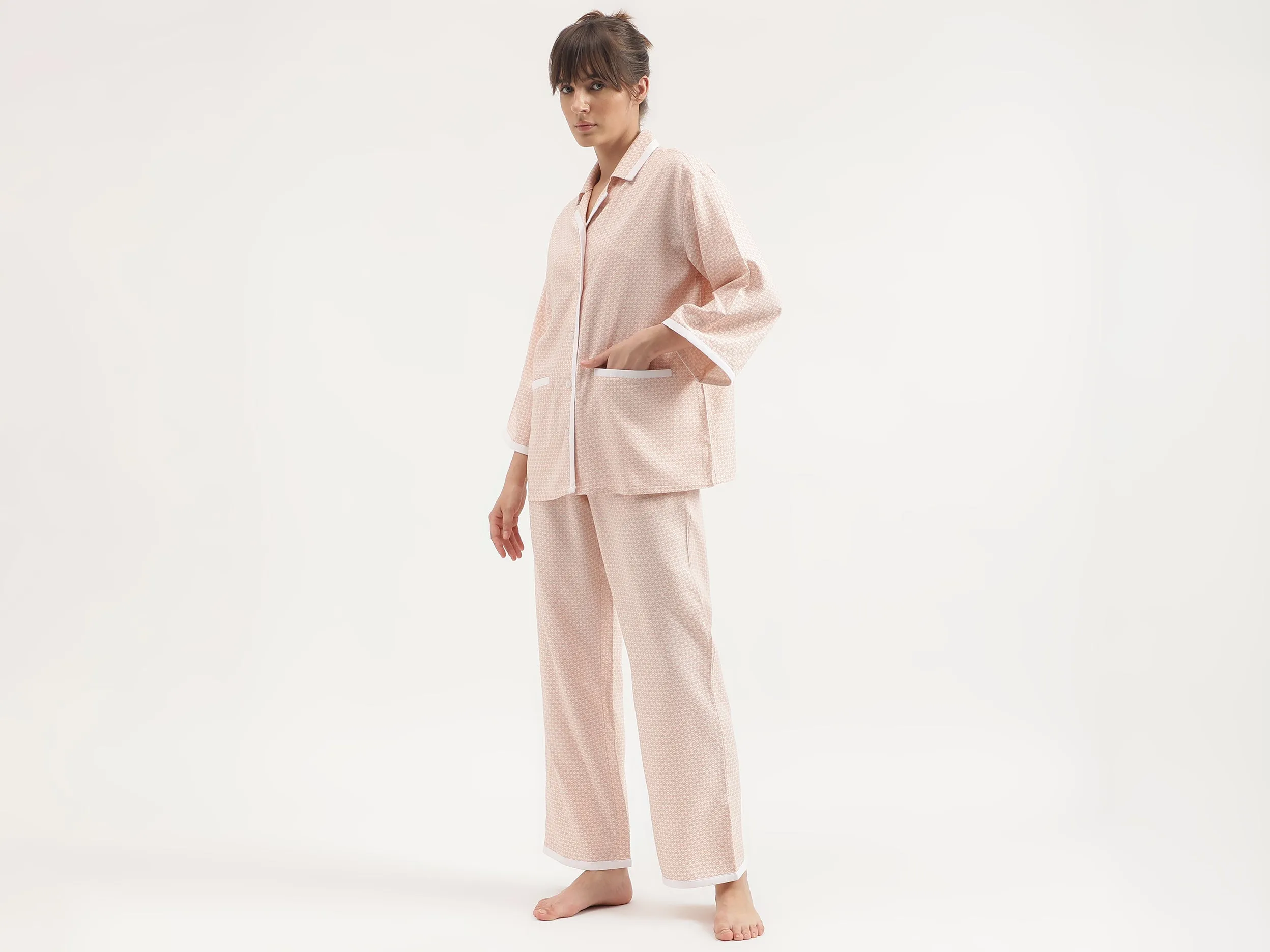 Collared Printed Flared Sleeves Night Suit