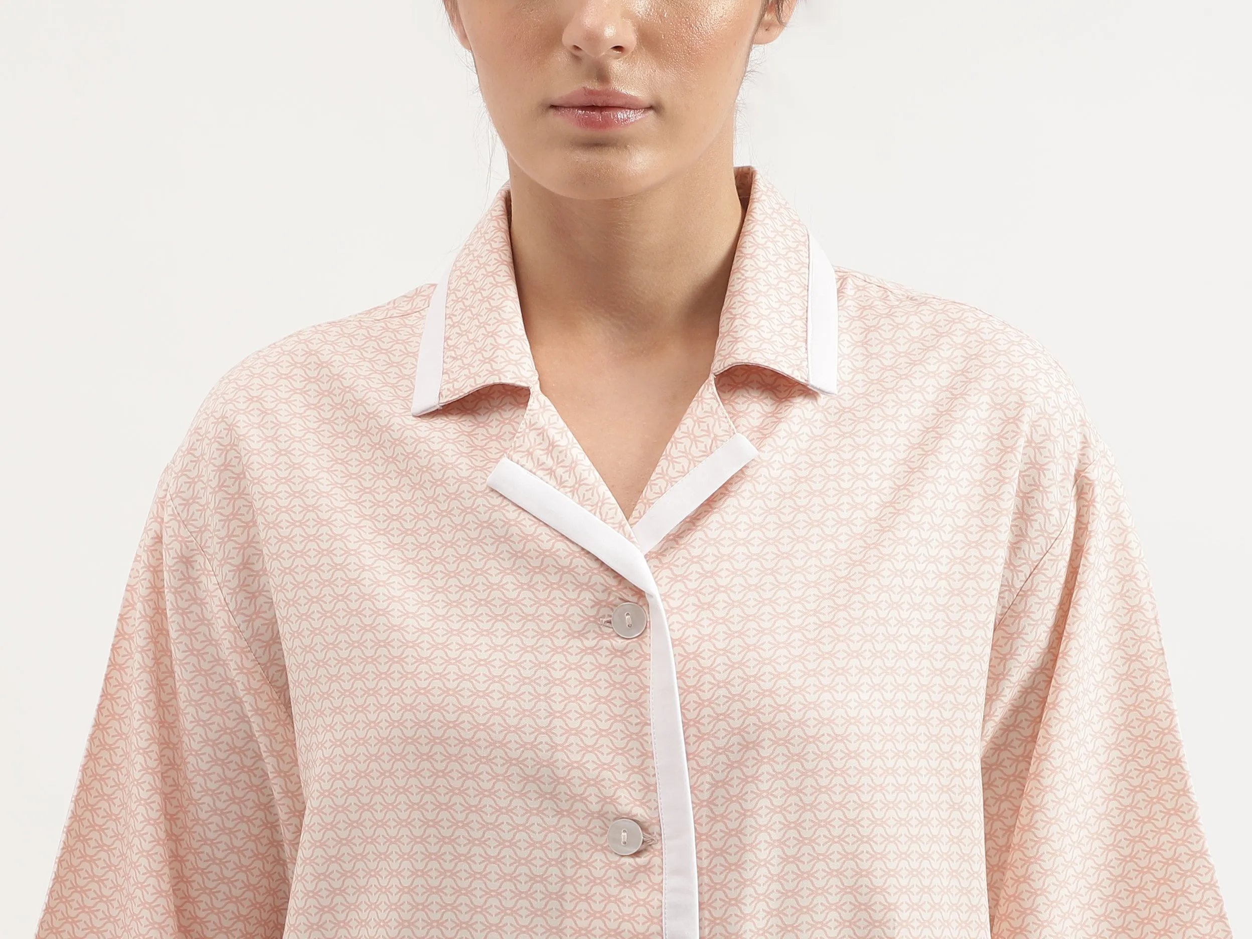 Collared Printed Flared Sleeves Night Suit