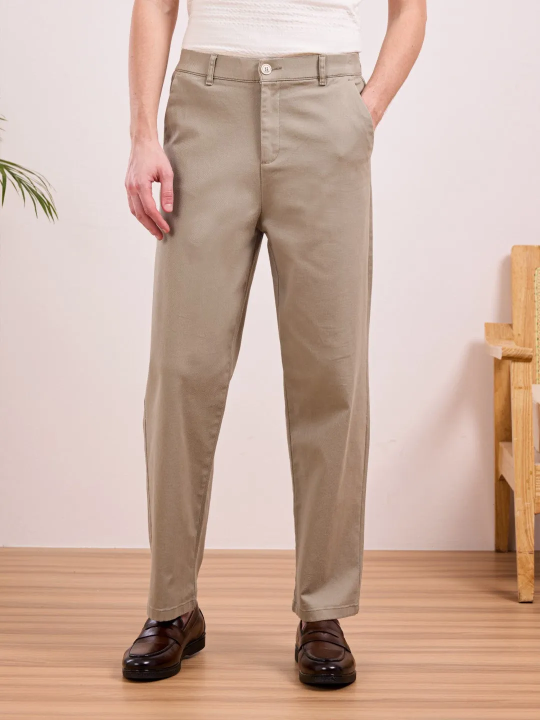 Cream Plain Rexaled Fit Pants