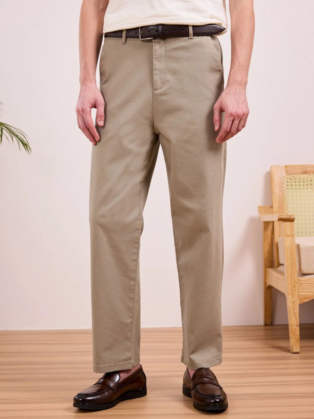 Cream Plain Rexaled Fit Pants