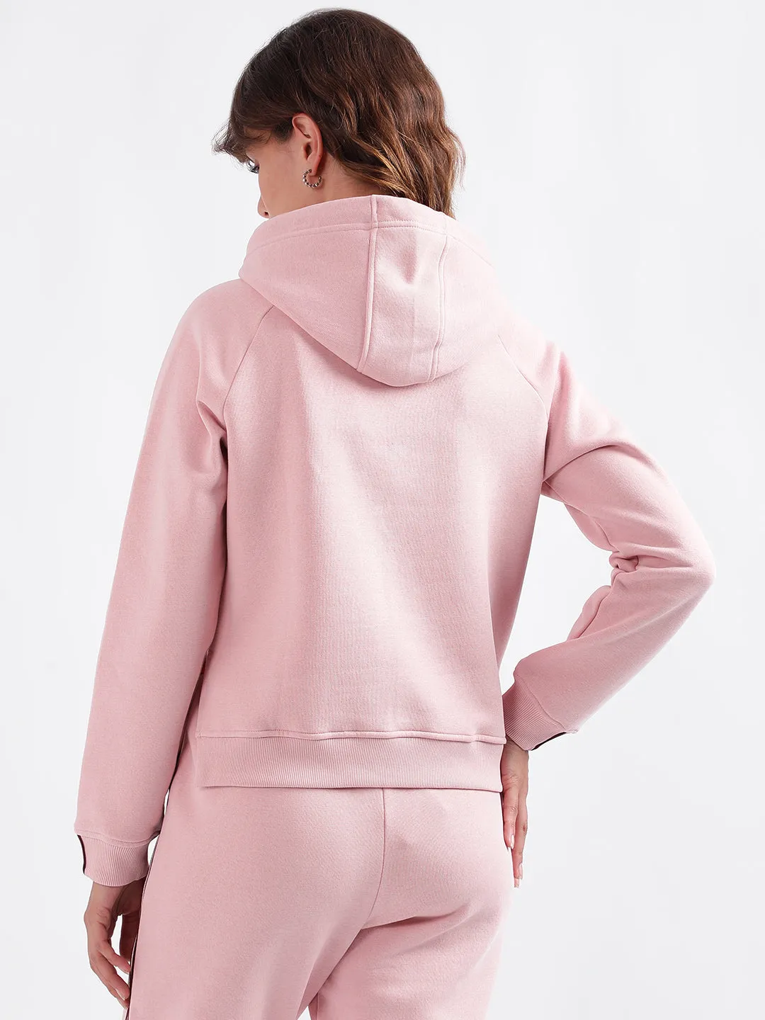Elle Women Pink Printed Hooded Full Sleeves Pullover Style Sweatshirt