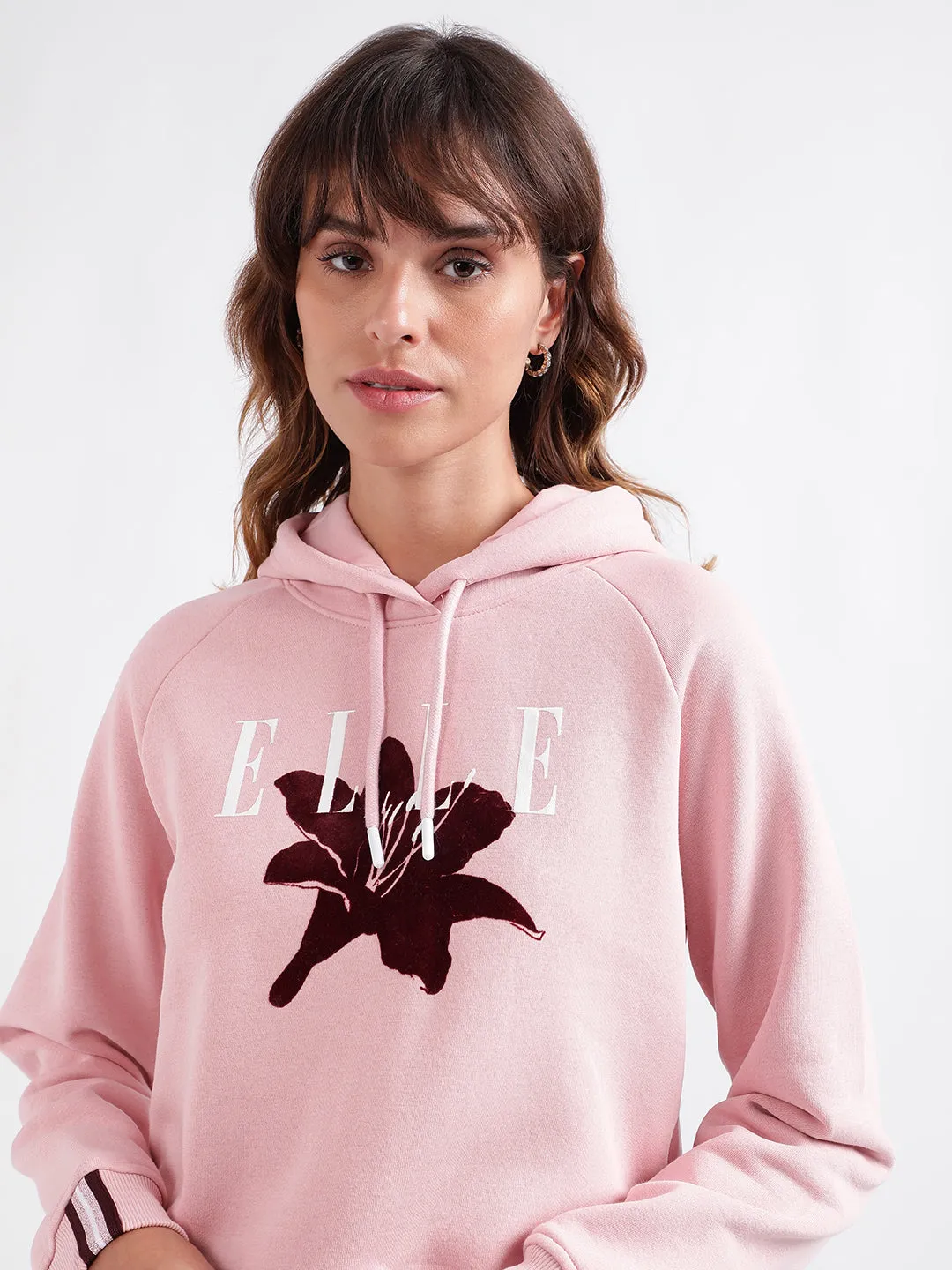 Elle Women Pink Printed Hooded Full Sleeves Pullover Style Sweatshirt