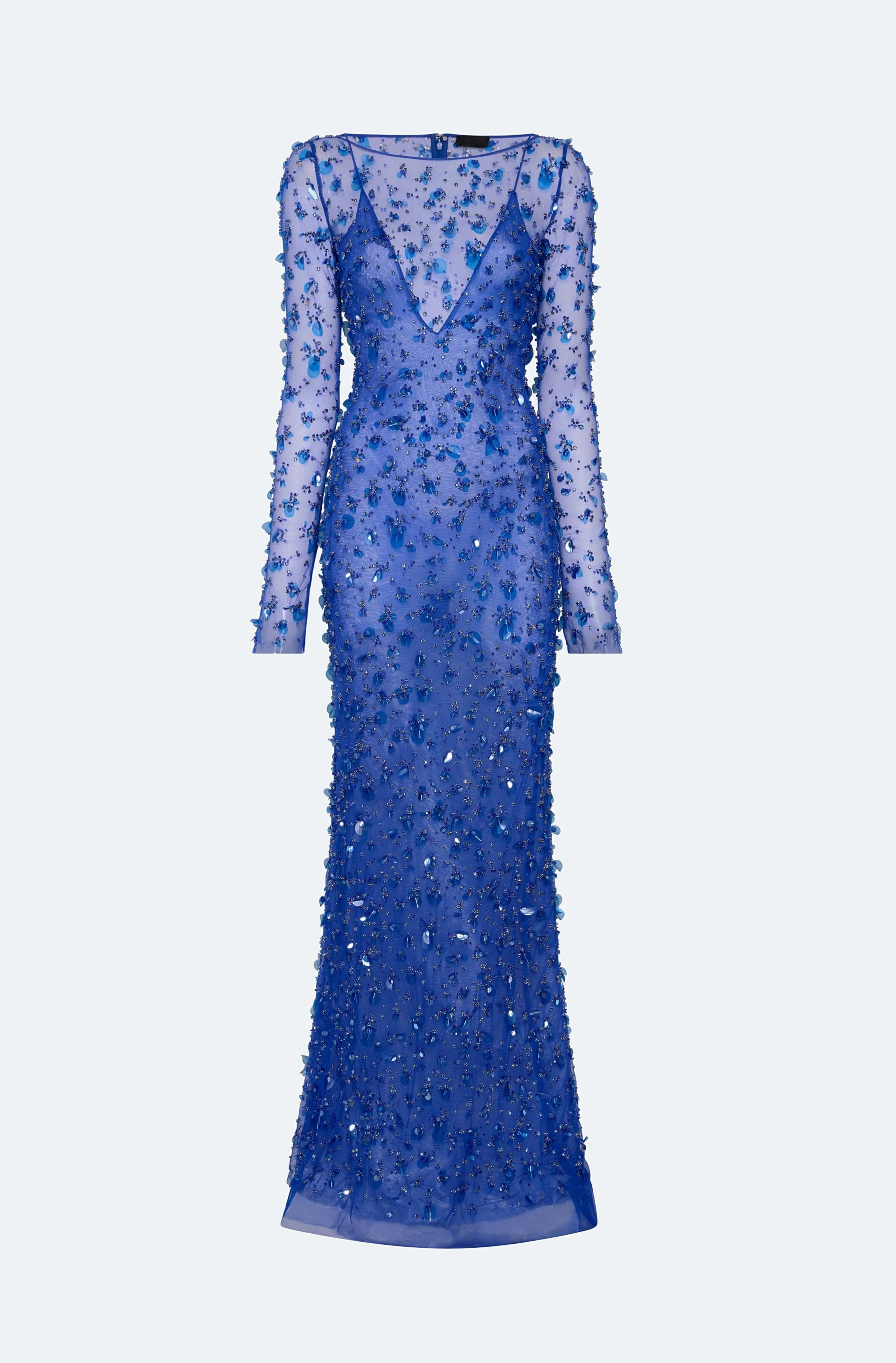 Embroidered Mesh Boatneck Gown