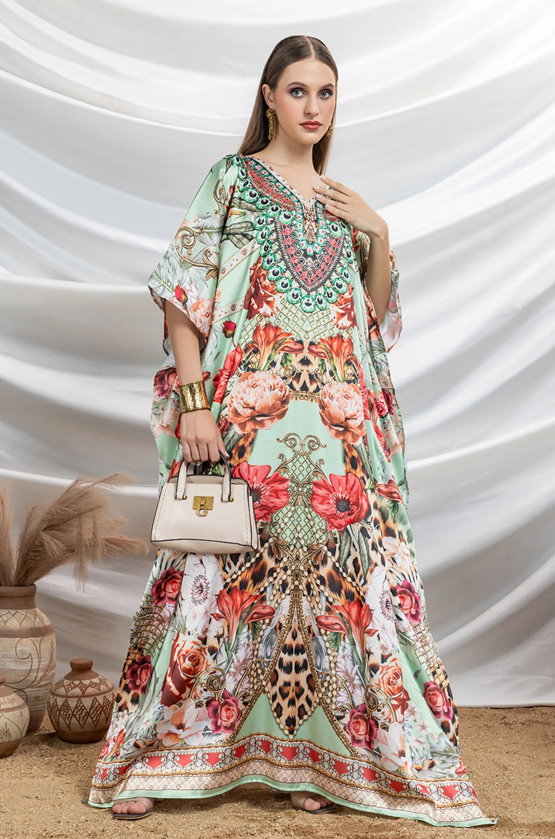 Emerald Majesty Soft Satin Women Kaftan with Rhinestones