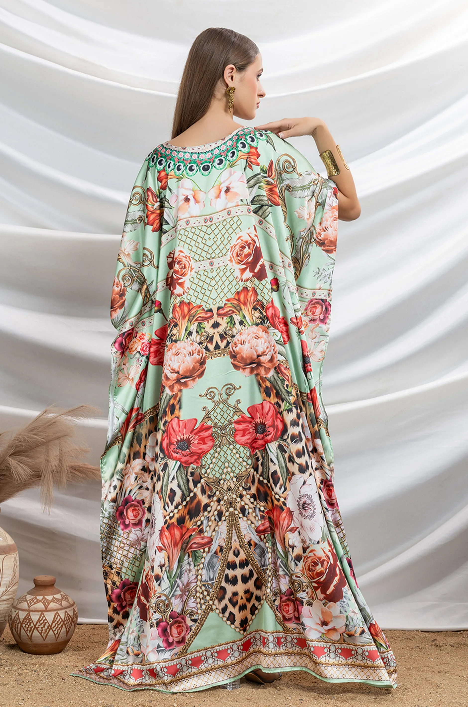Emerald Majesty Soft Satin Women Kaftan with Rhinestones