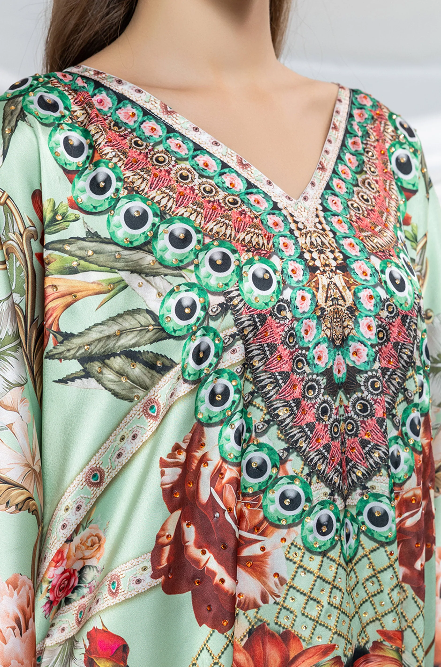 Emerald Majesty Soft Satin Women Kaftan with Rhinestones