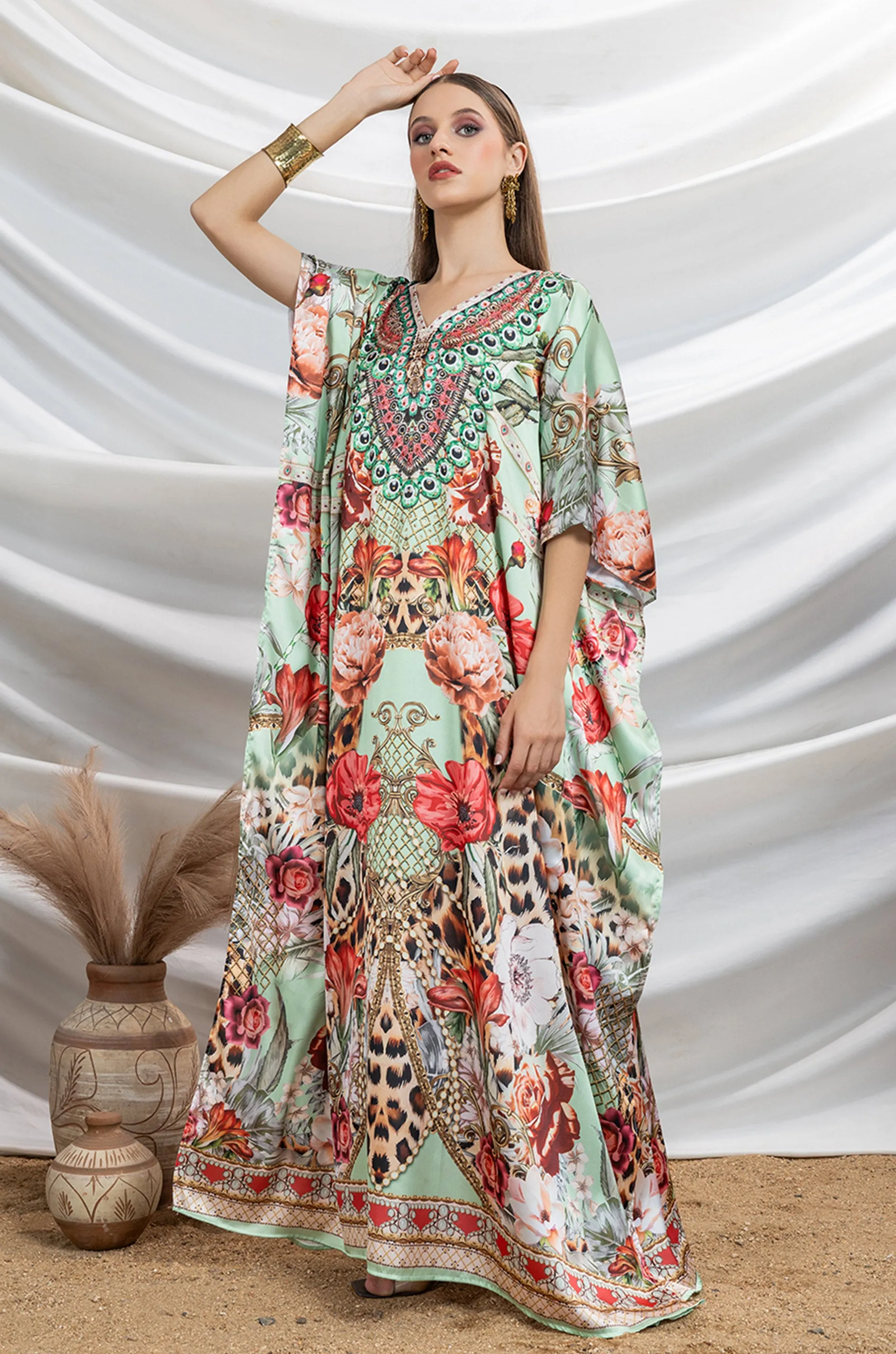Emerald Majesty Soft Satin Women Kaftan with Rhinestones