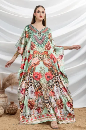 Emerald Majesty Soft Satin Women Kaftan with Rhinestones