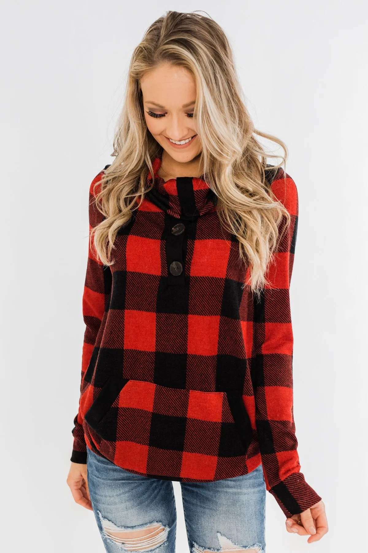 Feelings Like This Cowl Neck Top- Buffalo Plaid