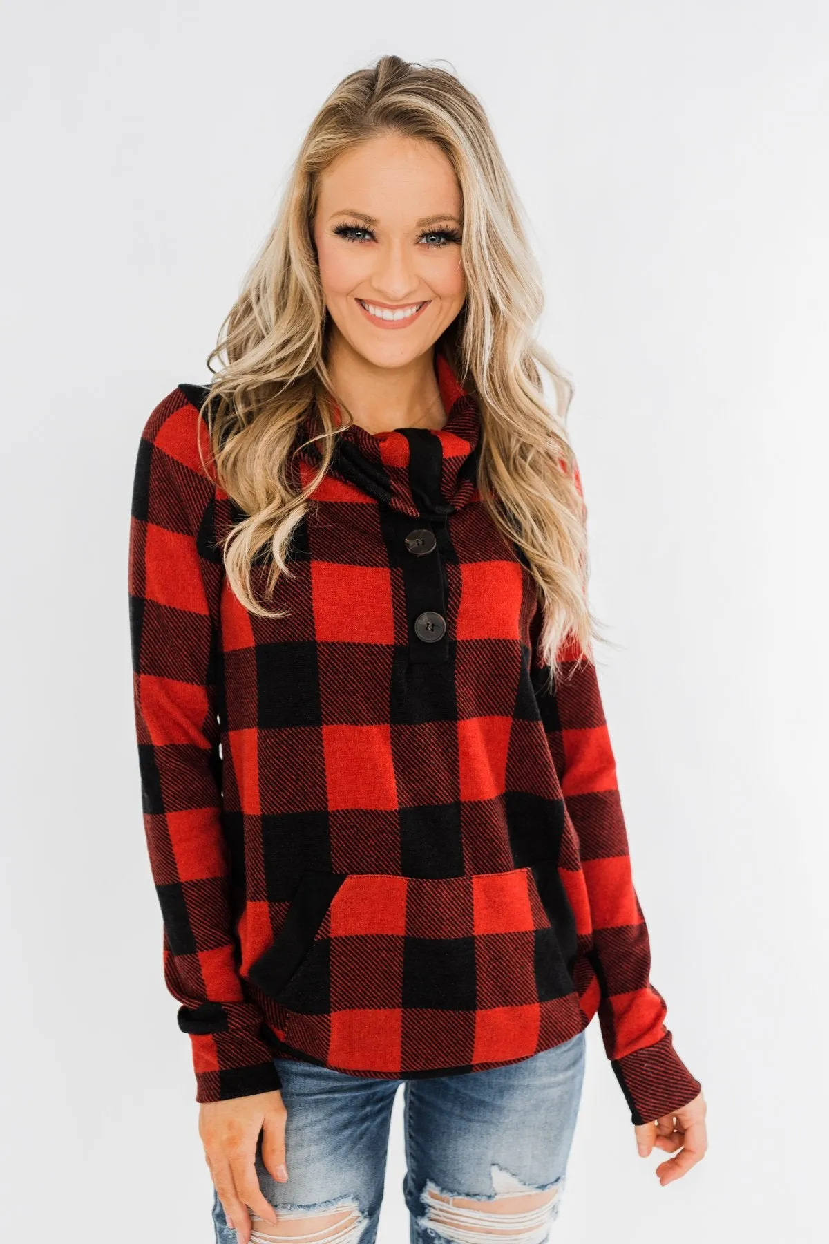Feelings Like This Cowl Neck Top- Buffalo Plaid