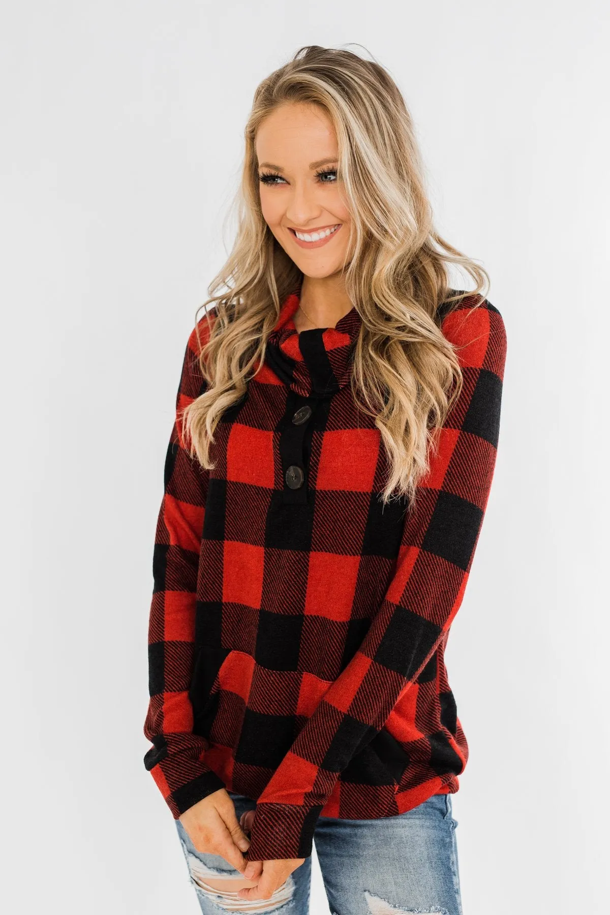 Feelings Like This Cowl Neck Top- Buffalo Plaid