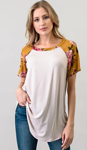 Floral Sleeve Top - Mustard / Sand