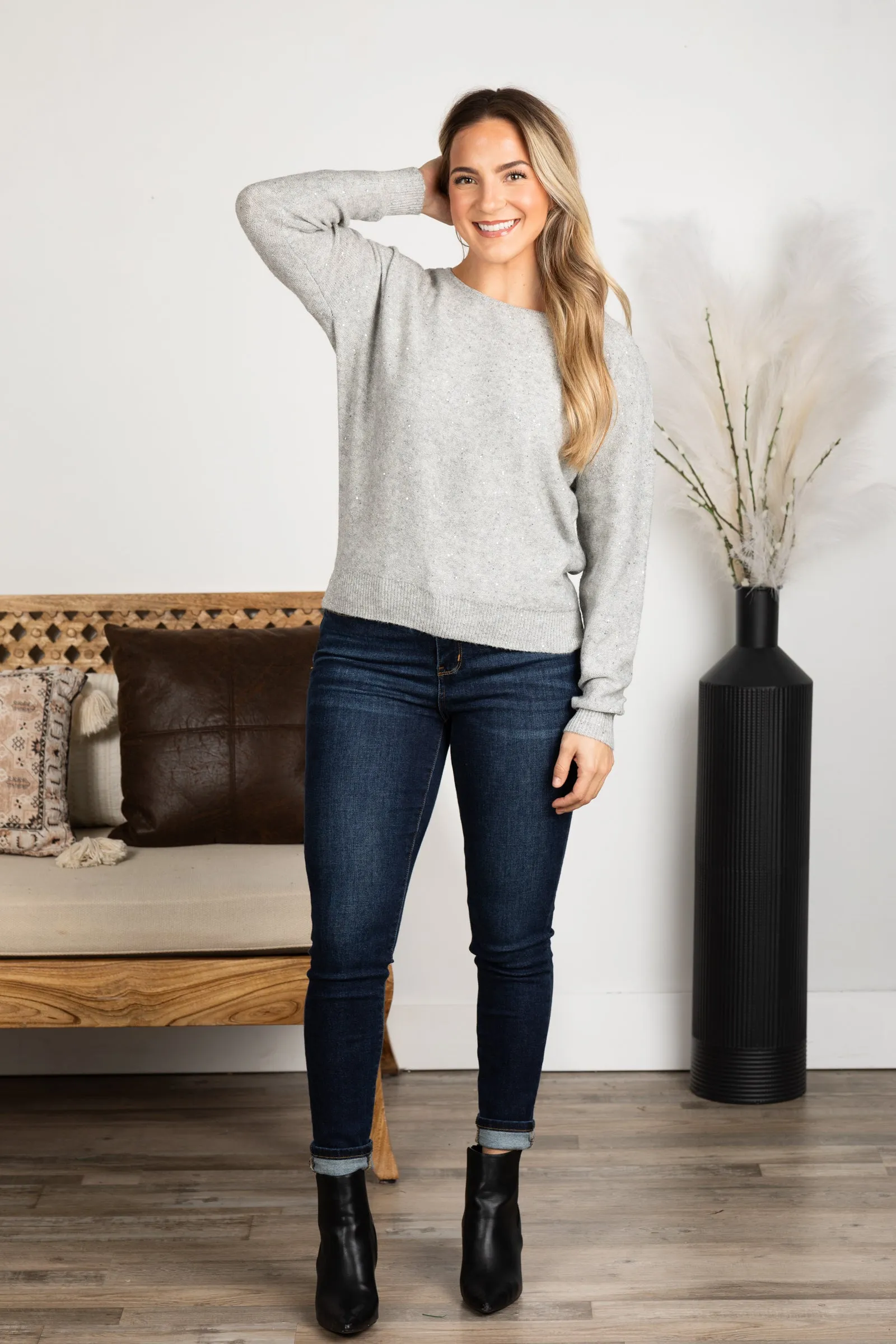 Grey Beaded Yarn Boat Neck Sweater