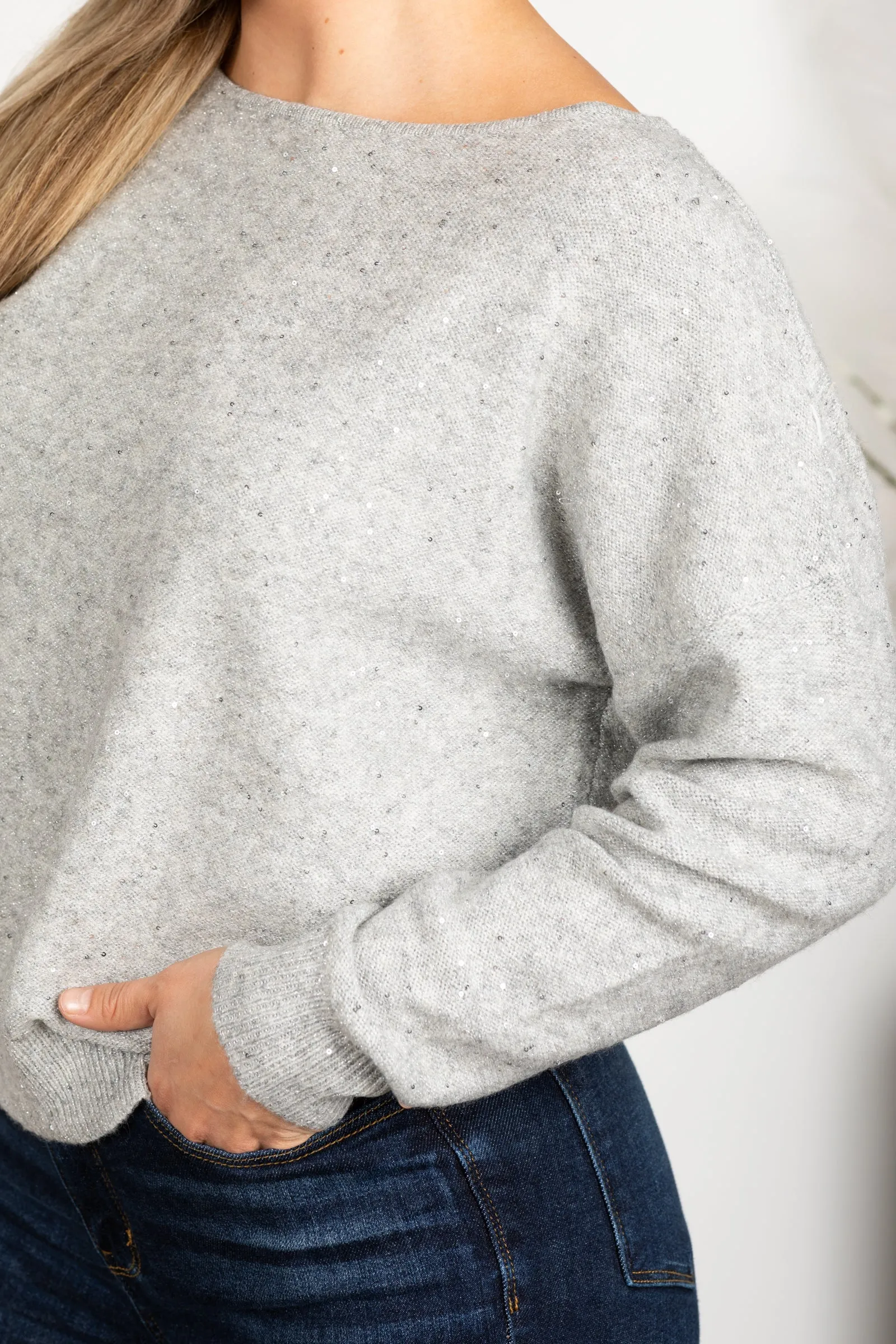 Grey Beaded Yarn Boat Neck Sweater