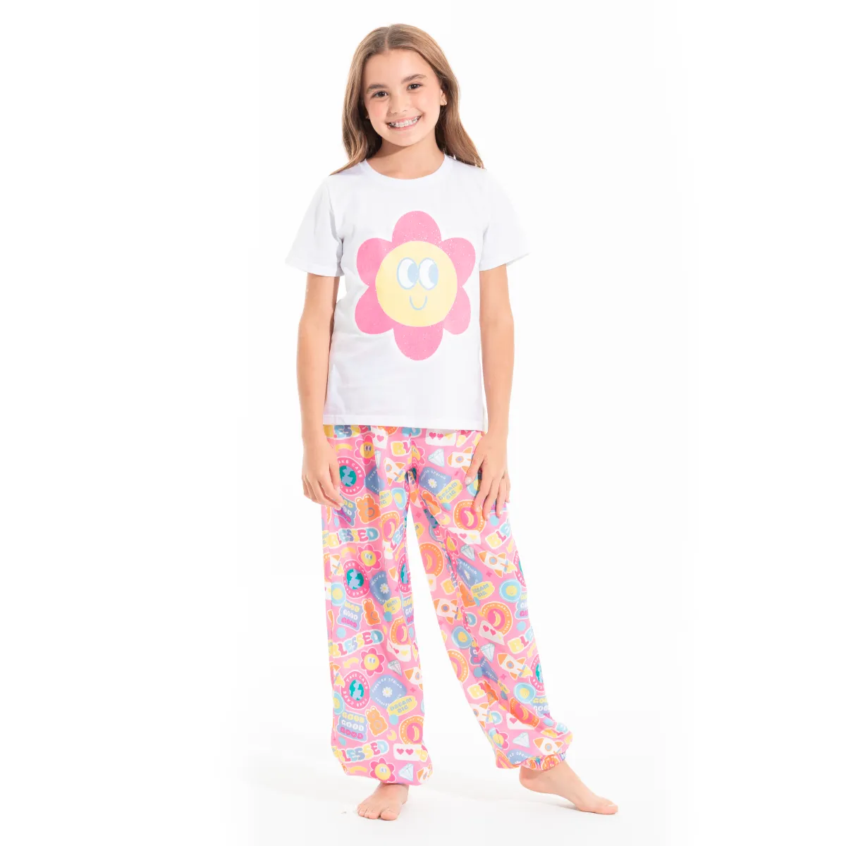 HAPPY FLOWER FACE PAJAMA PANTS FOR GIRLS