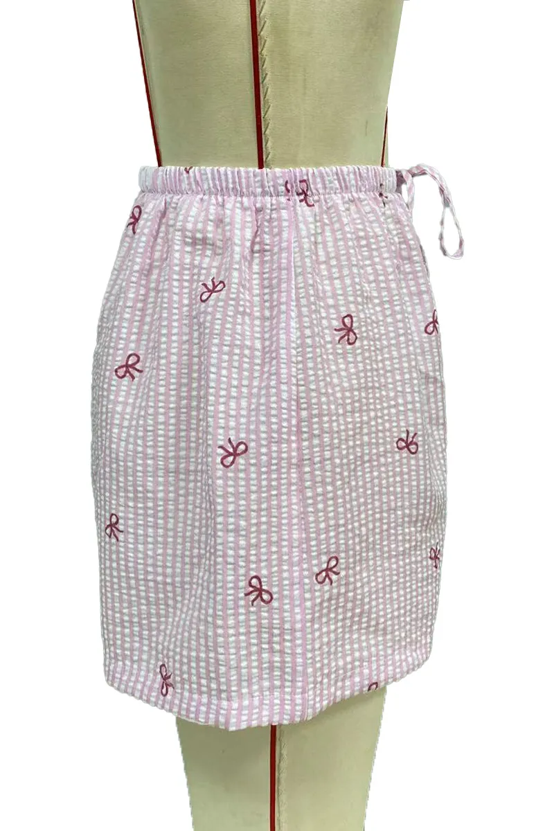 HPZ1118 Seersucker Stripe Embroidered Bow Shorts Pant