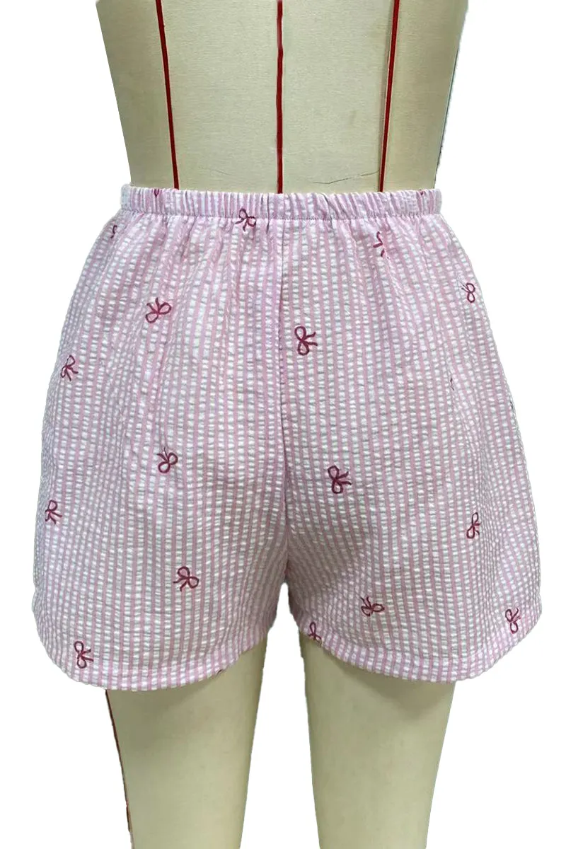 HPZ1118 Seersucker Stripe Embroidered Bow Shorts Pant
