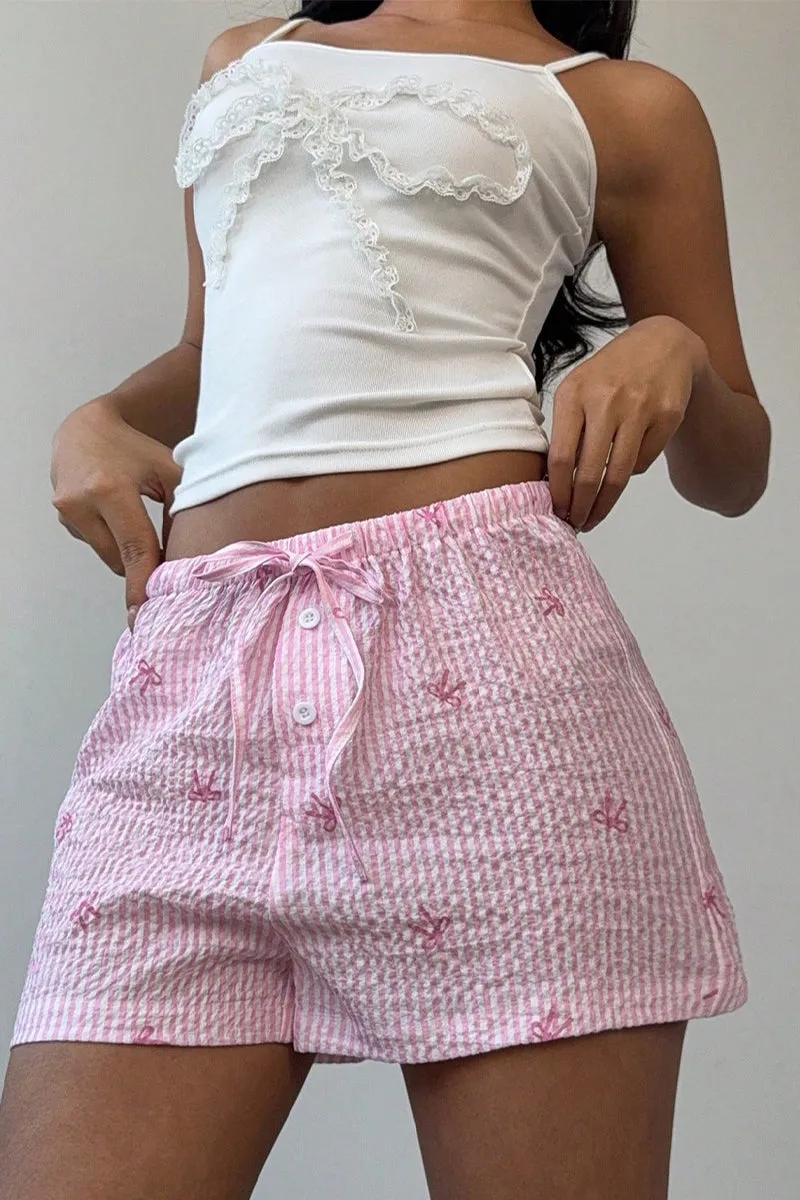 HPZ1118 Seersucker Stripe Embroidered Bow Shorts Pant