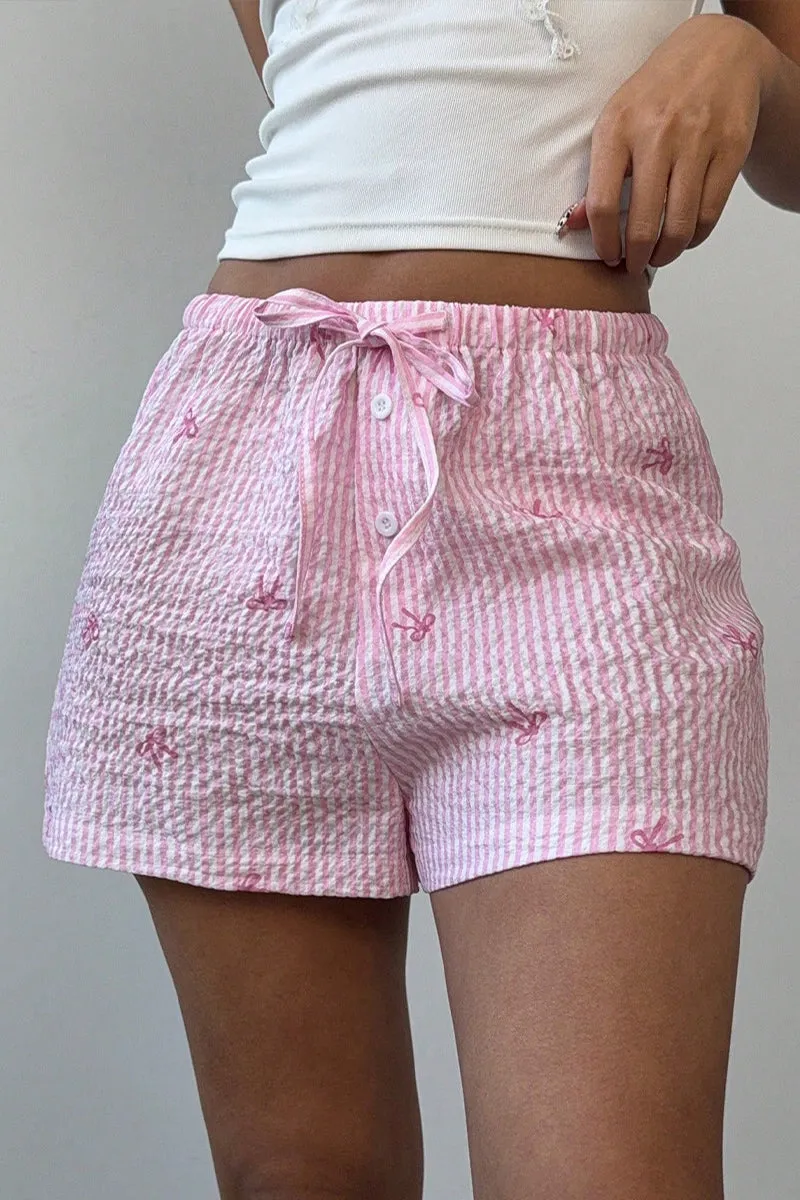 HPZ1118 Seersucker Stripe Embroidered Bow Shorts Pant