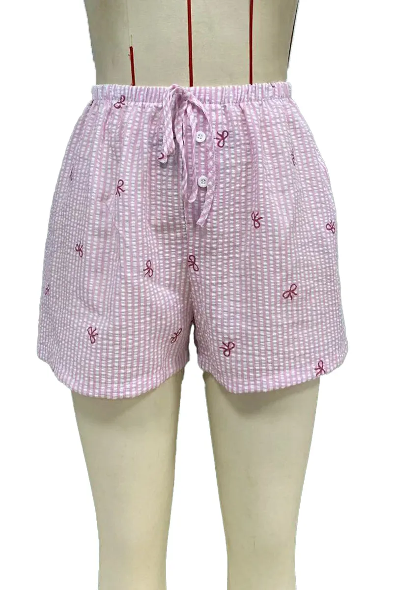 HPZ1118 Seersucker Stripe Embroidered Bow Shorts Pant