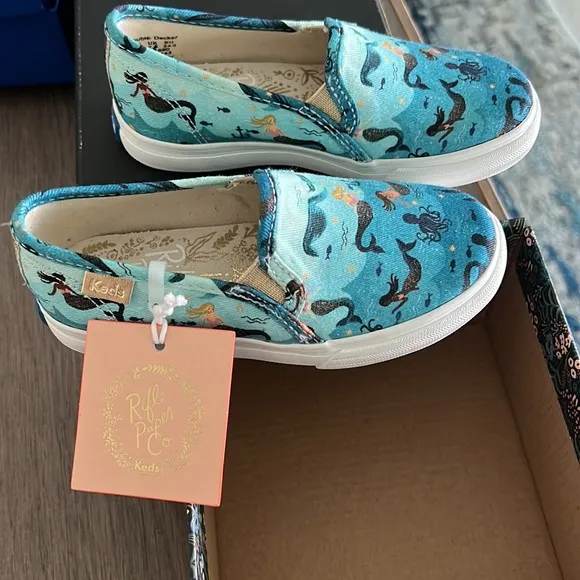 Keds rifle paper co. Size 8 toddler mermaid w gold slip on shoe