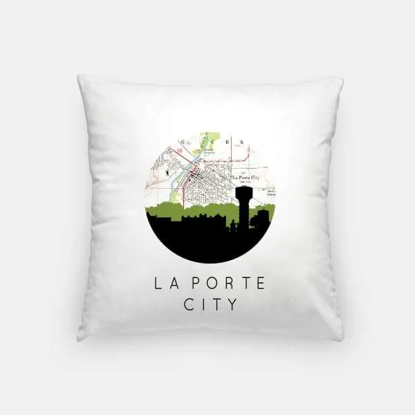 La Porte City, Iowa city skyline with vintage La Porte City map