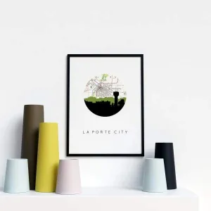 La Porte City, Iowa city skyline with vintage La Porte City map